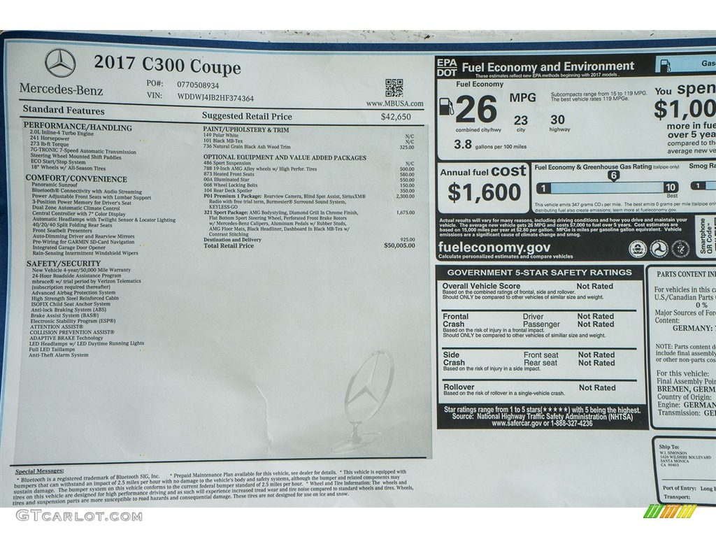 2017 Mercedes-Benz C 300 Coupe Window Sticker Photo #113928620