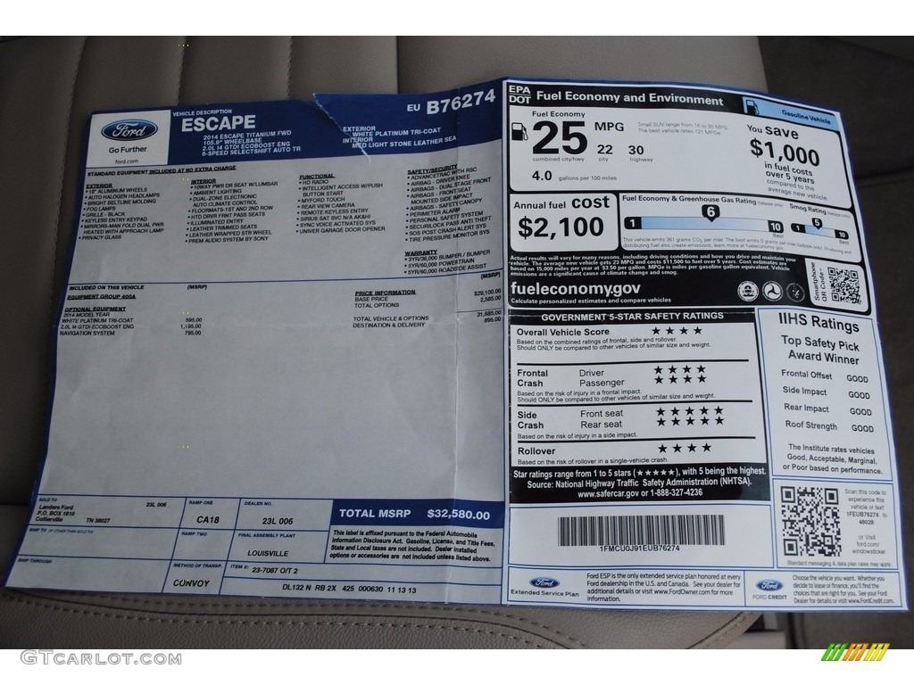 2014 Ford Escape Titanium 2.0L EcoBoost Window Sticker Photo #113931803