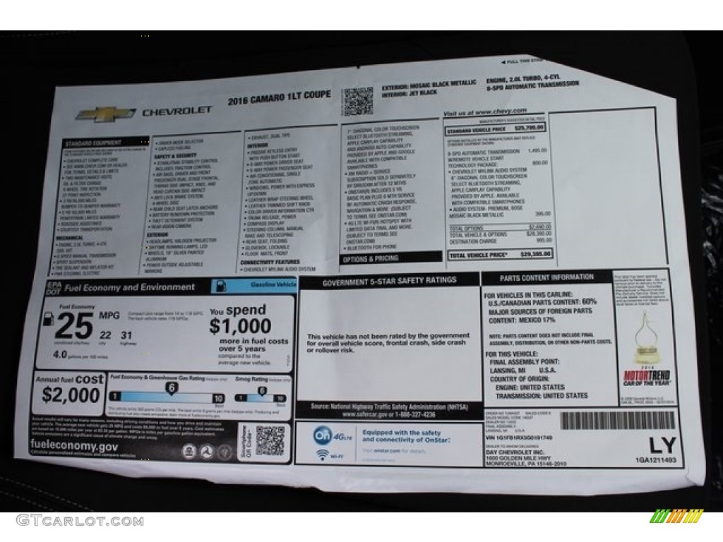 2016 Chevrolet Camaro LT Coupe Window Sticker Photos