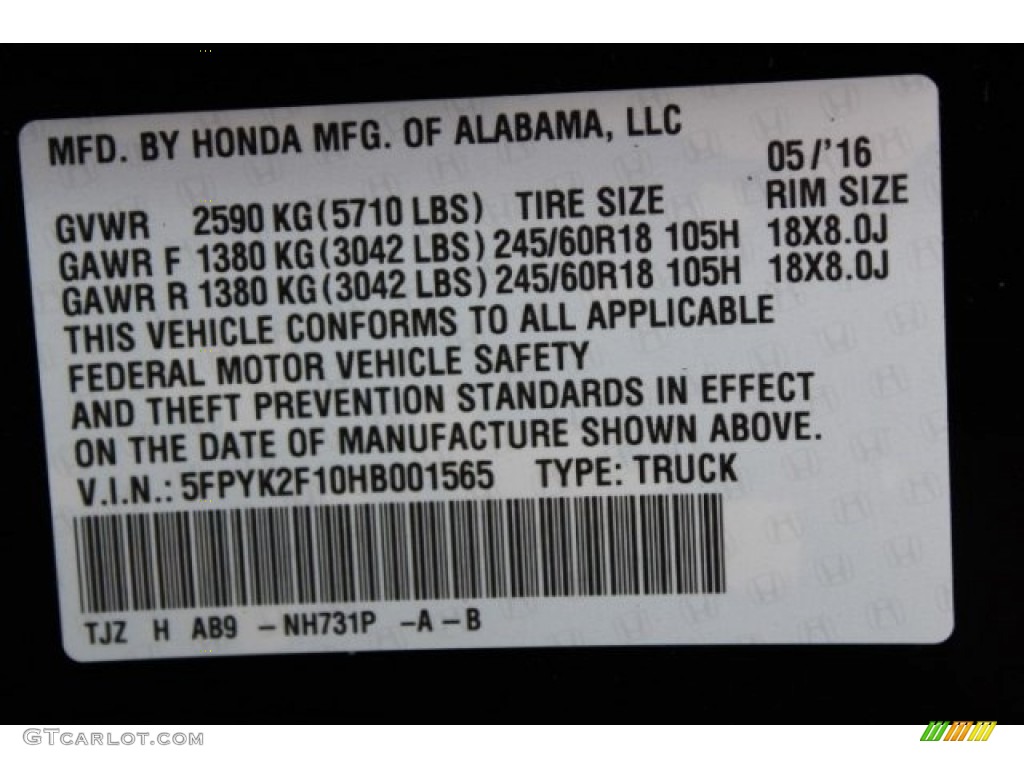 2017 Honda Ridgeline Sport Color Code Photos