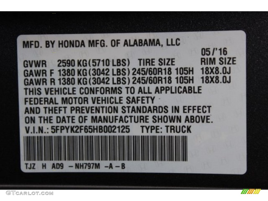 2017 Ridgeline Color Code NH797M for Modern Steel Metallic Photo #114093161