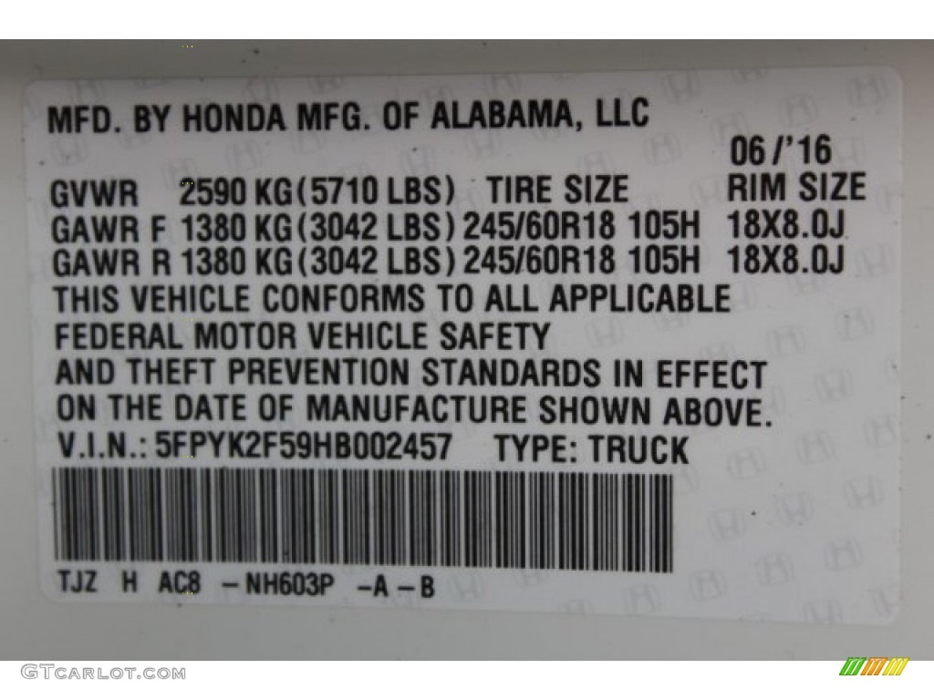 2017 Ridgeline Color Code NH603P for White Diamond Pearl Photo #114143824