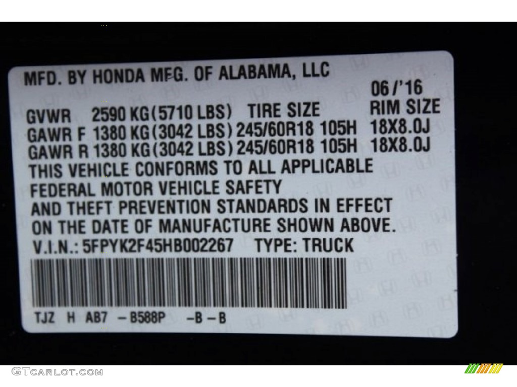 2017 Ridgeline Color Code B588P for Obsidian Blue Pearl Photo #114144124