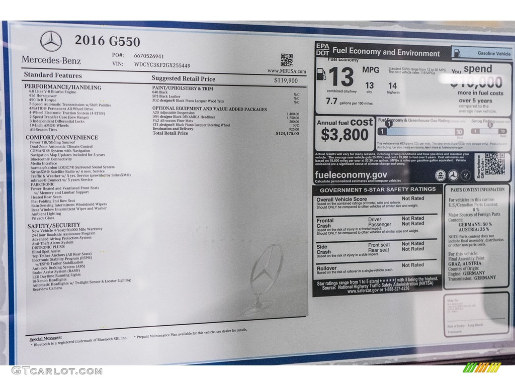 2016 Mercedes-Benz G 550 Window Sticker Photo #114148069