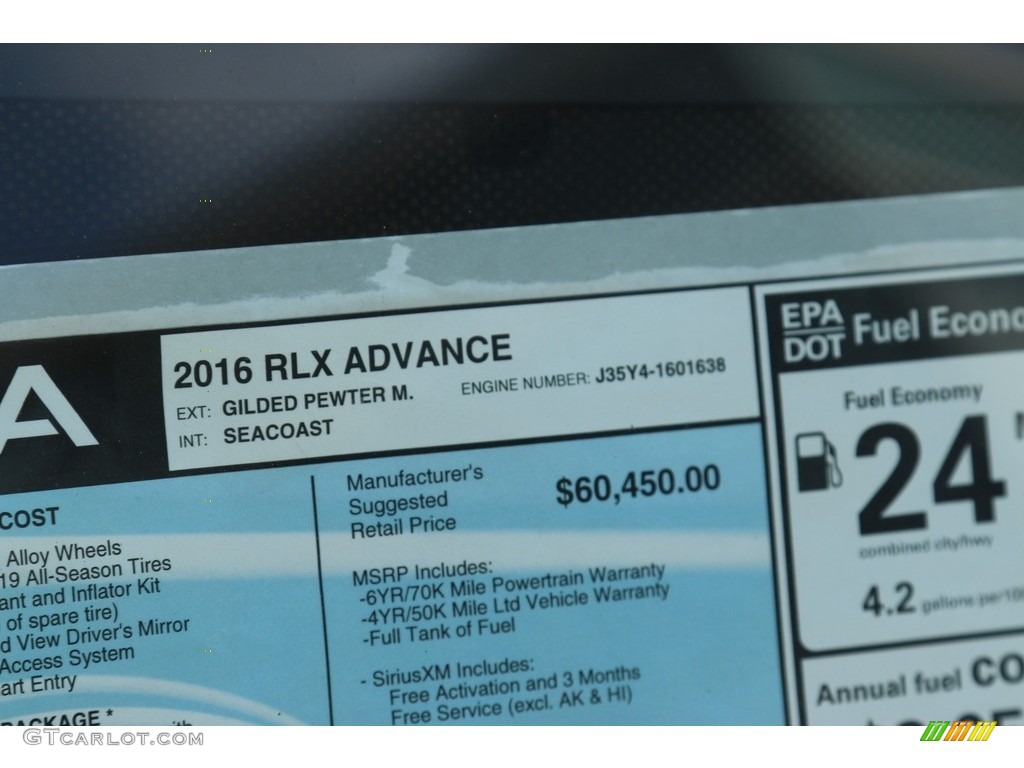 2016 Acura RLX Advance Window Sticker Photo #114170722