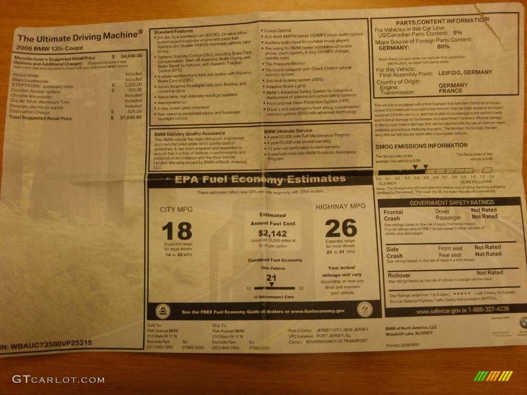 2008 1 Series 135i Coupe - Alpine White / Black photo #41