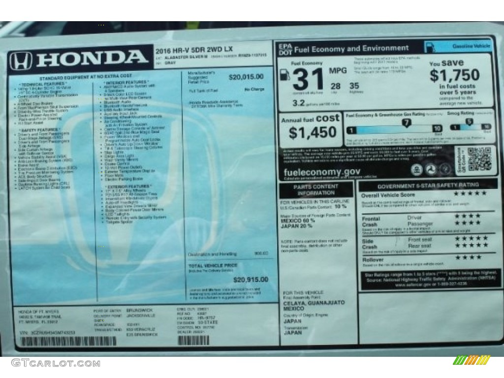 2016 Honda HR-V LX Window Sticker Photo #114239208