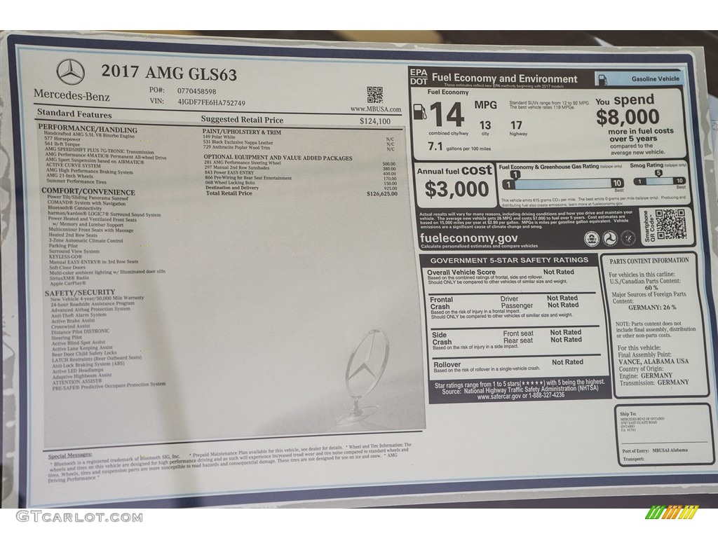 2017 Mercedes-Benz GLS 63 AMG 4Matic Window Sticker Photo #114267674