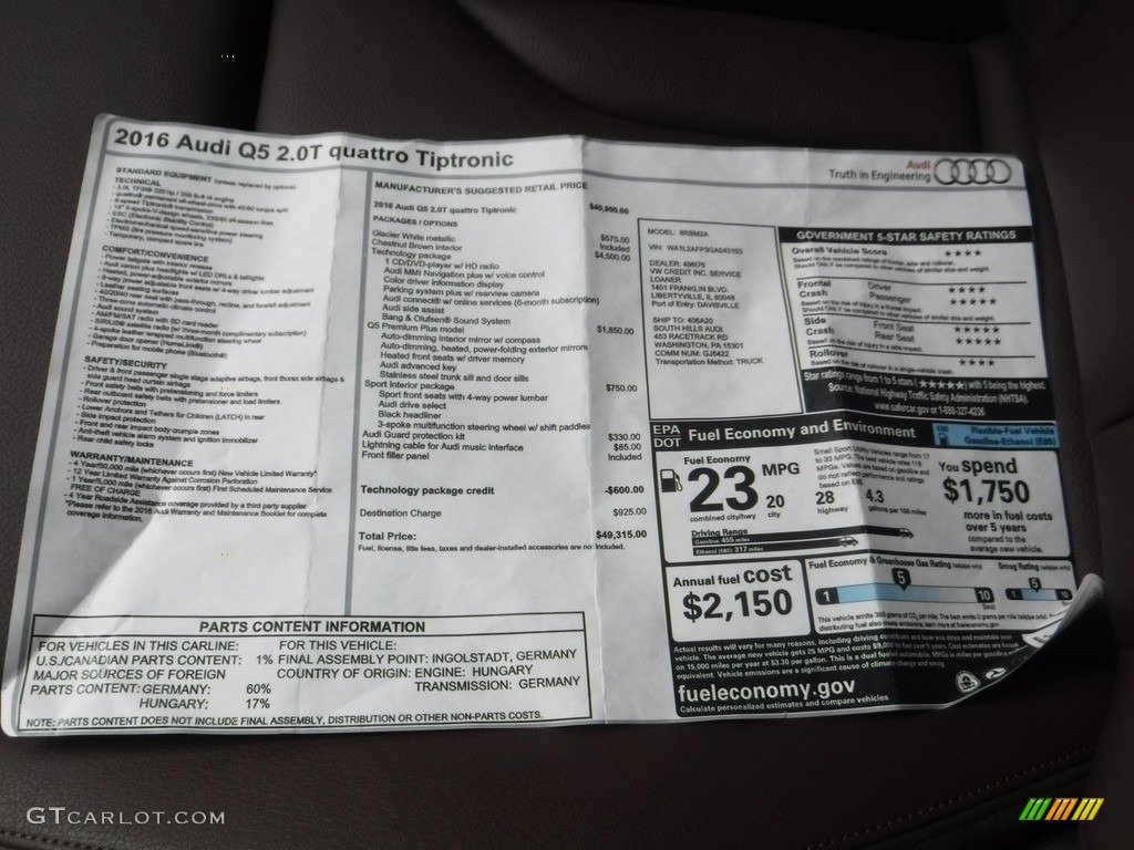 2016 Q5 2.0 TFSI Premium quattro - Glacier White Metallic / Chestnut Brown photo #36