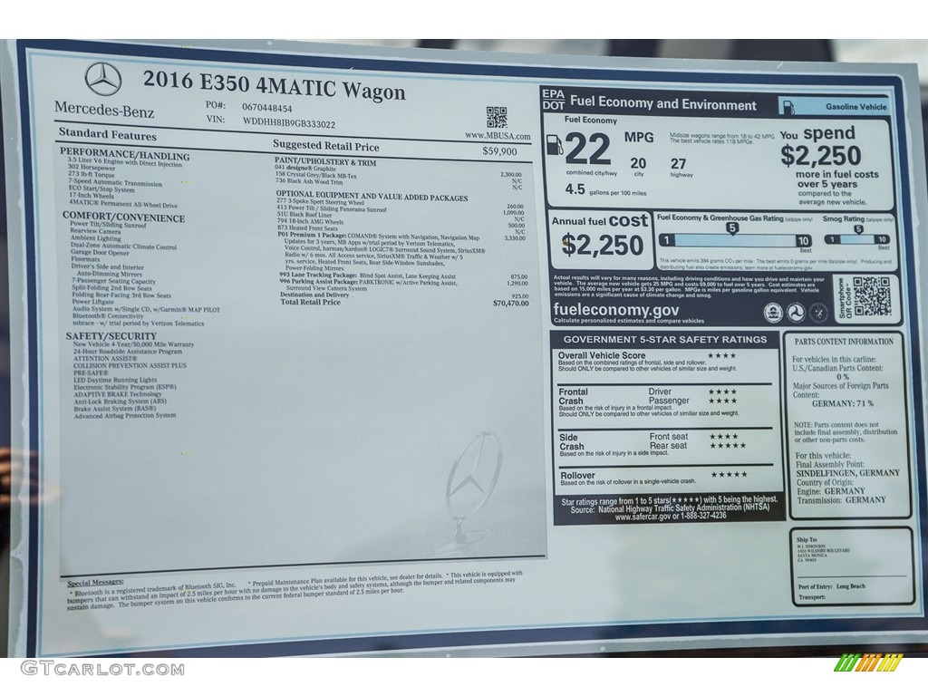 2016 Mercedes-Benz E 350 4Matic Wagon Window Sticker Photo #114291086