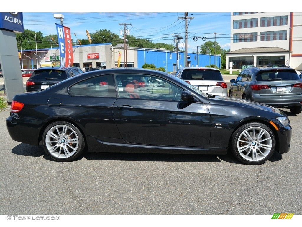 2010 3 Series 328i xDrive Coupe - Jet Black / Coral Red/Black Dakota Leather photo #2