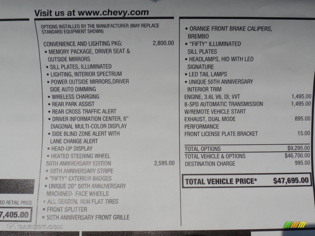 2017 Chevrolet Camaro LT Convertible 50th Anniversary Window Sticker Photos