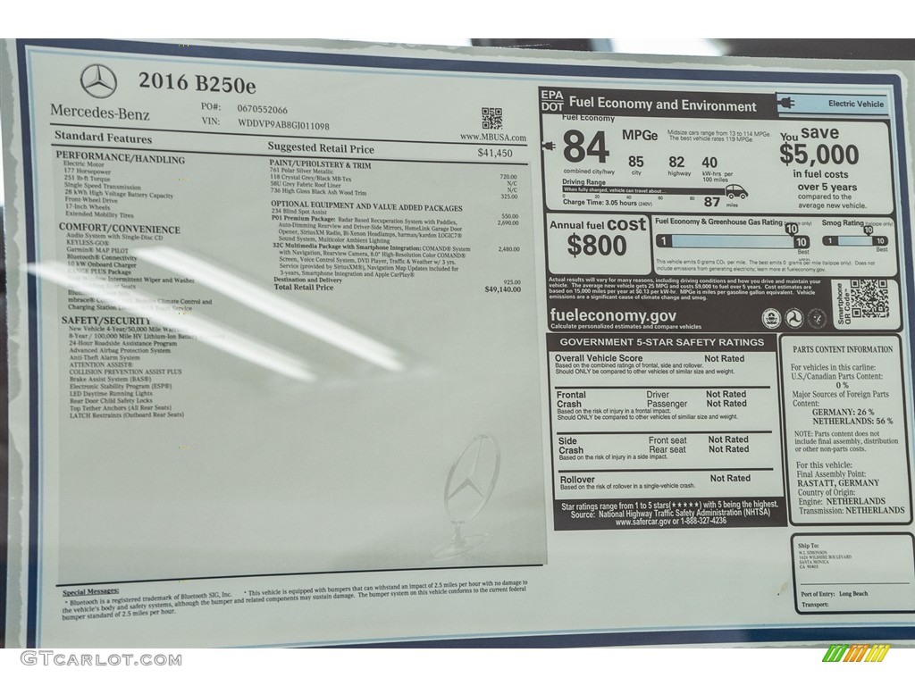 2016 Mercedes-Benz B 250e Window Sticker Photo #114361171