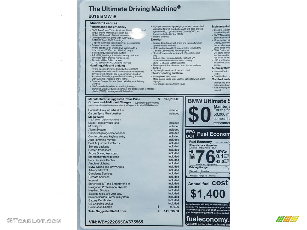 2016 BMW i8 Standard i8 Model Window Sticker Photo #114373258