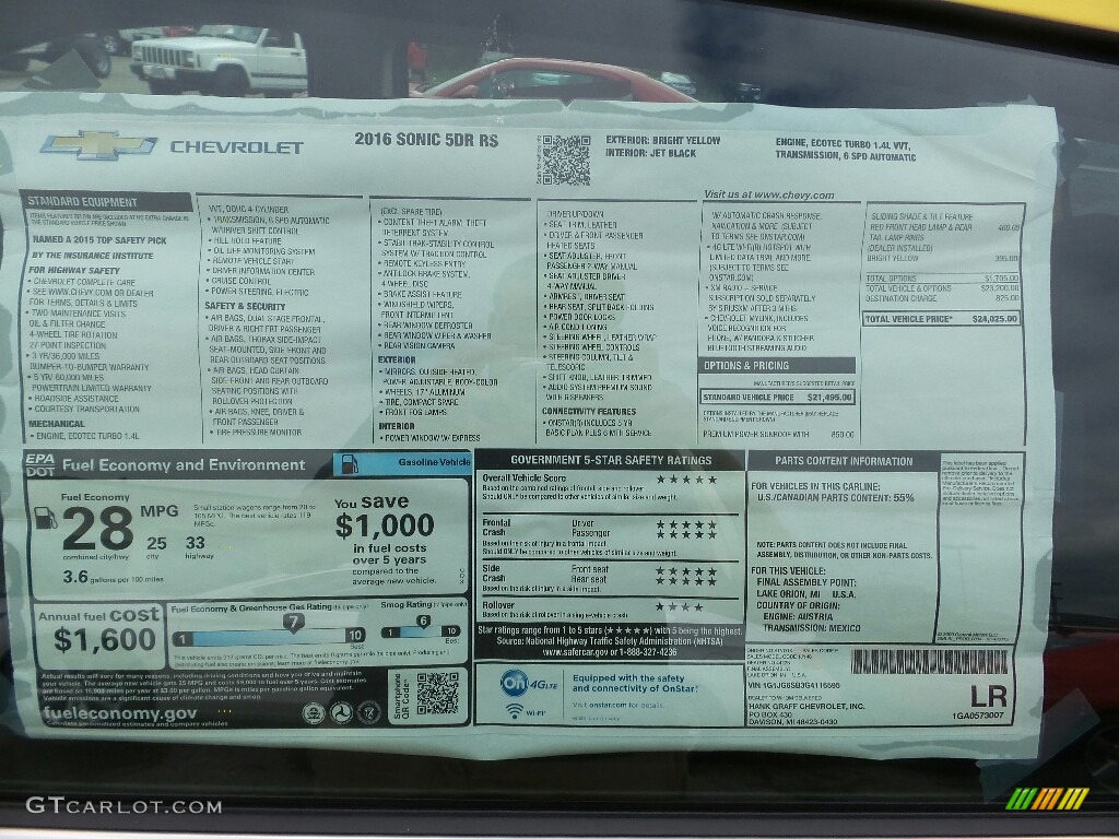 2016 Chevrolet Sonic RS Hatchback Window Sticker Photo #114389827