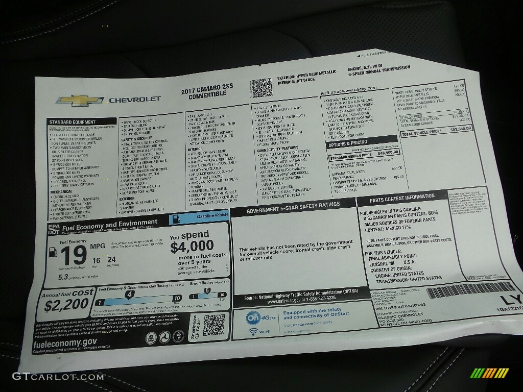 2017 Chevrolet Camaro SS Convertible Window Sticker Photo #114390085