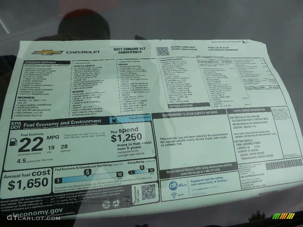 2017 Chevrolet Camaro LT Convertible Window Sticker Photo #114390199