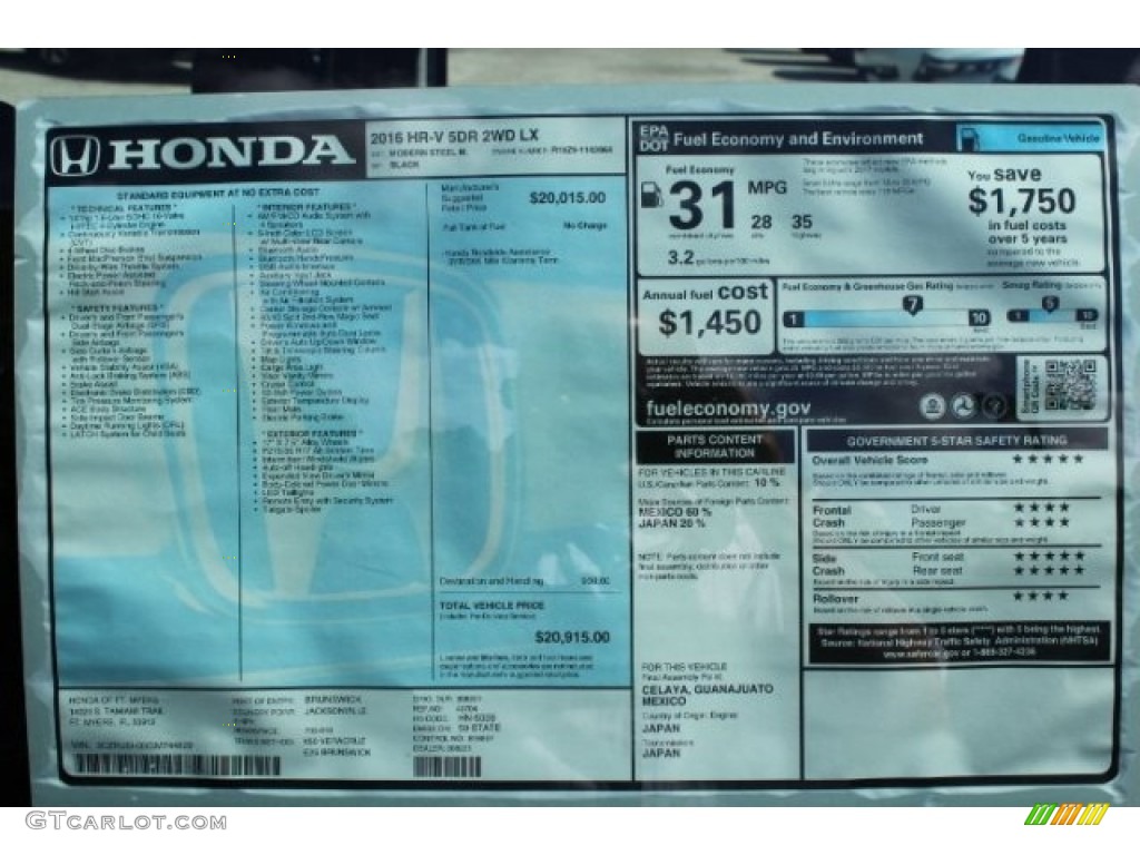 2016 HR-V LX - Modern Steel Metallic / Black photo #28