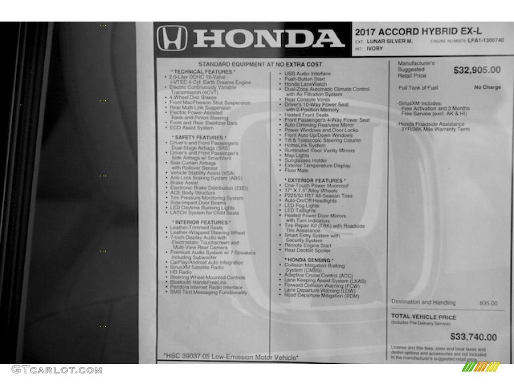 2017 Honda Accord Hybrid EX-L Sedan Window Sticker Photo #114451180