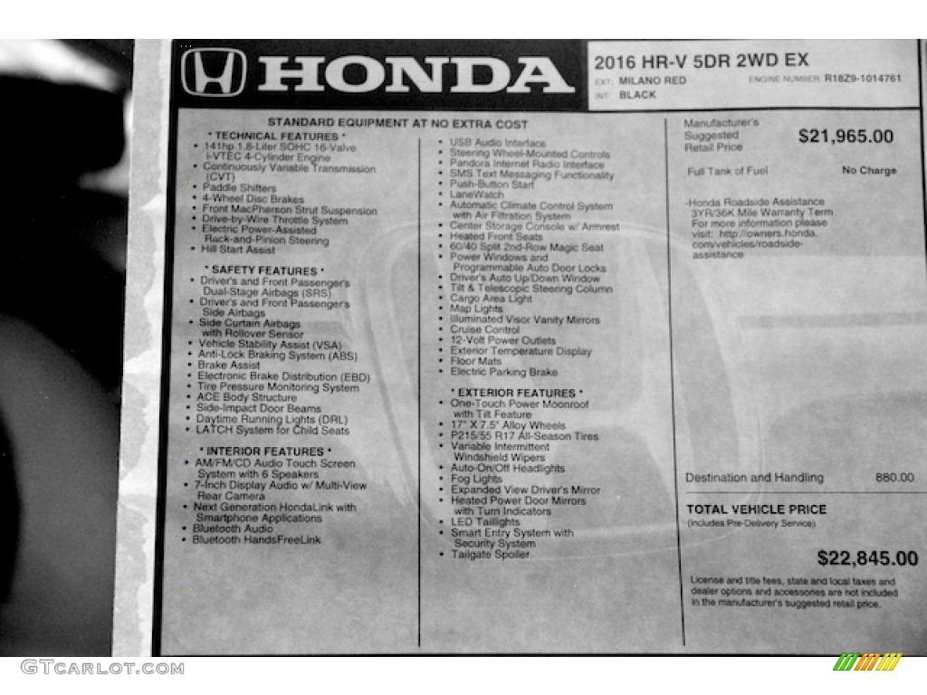 2016 Honda HR-V EX Window Sticker Photo #114455209