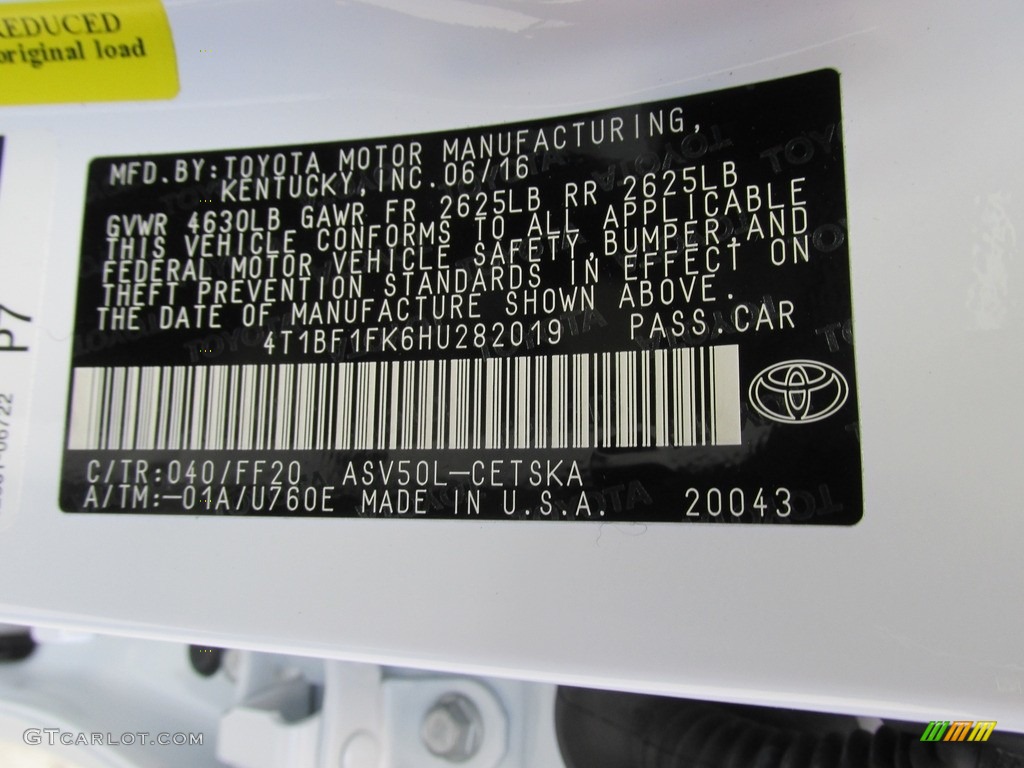 2017 Camry Color Code 040 for Super White Photo #114509400