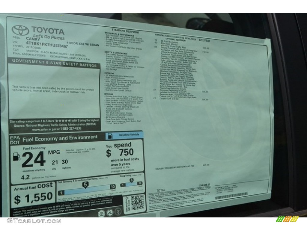 2017 Toyota Camry XSE V6 Window Sticker Photo #114515058