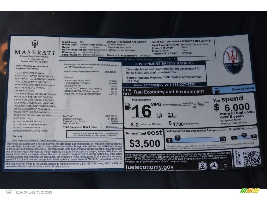 2014 Maserati GranTurismo Sport Coupe Window Sticker Photo #114533505