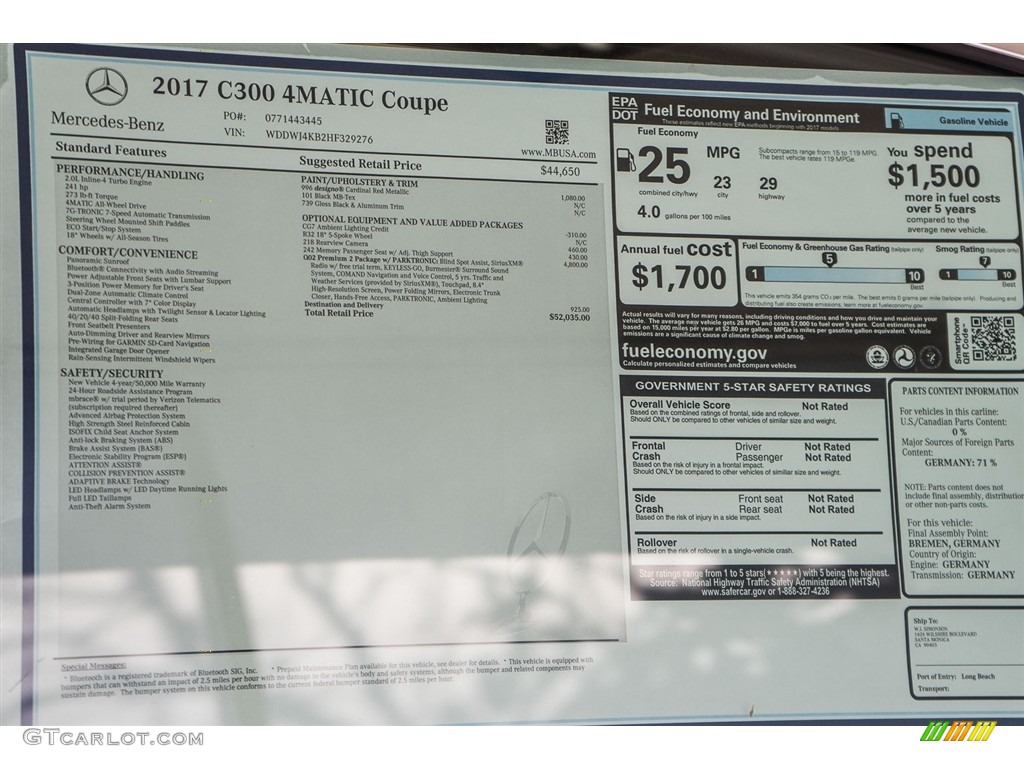 2017 Mercedes-Benz C 300 4Matic Coupe Window Sticker Photo #114595314