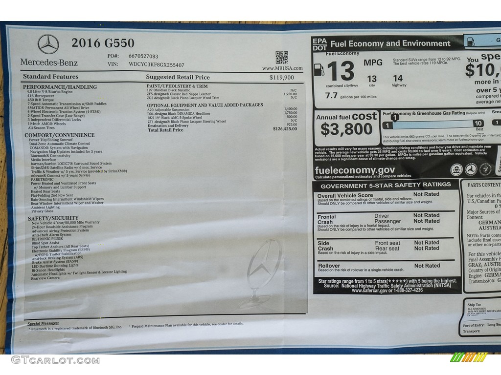 2016 Mercedes-Benz G 550 Window Sticker Photo #114654235
