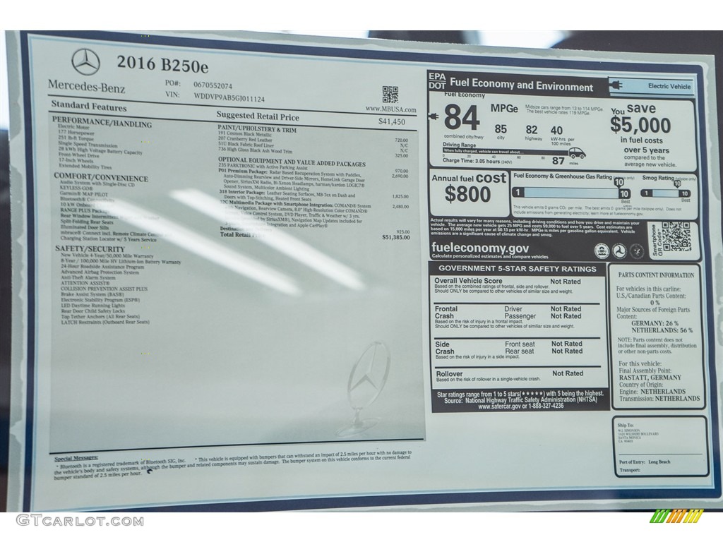 2016 Mercedes-Benz B 250e Window Sticker Photos
