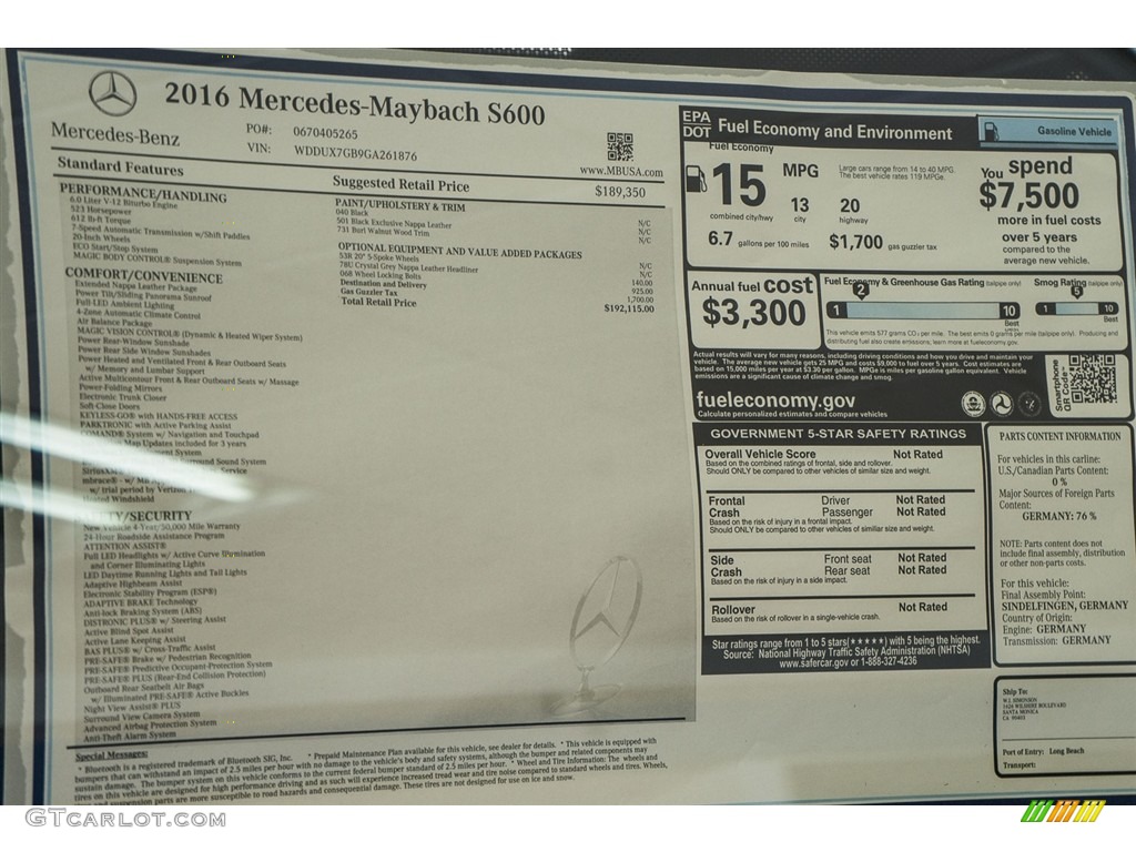 2016 Mercedes-Benz S Mercedes-Maybach S600 Sedan Window Sticker Photo #114655522