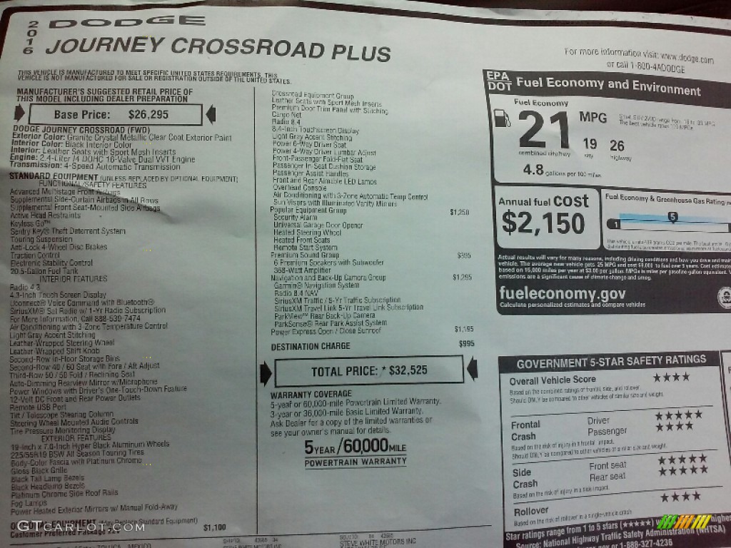 2016 Journey Crossroad Plus - Granite Crystal Metallic / Black photo #30