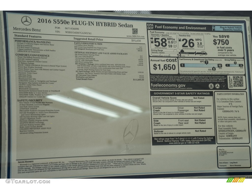 2016 Mercedes-Benz S 550e Plug-In Hybrid Sedan Window Sticker Photo #114703663