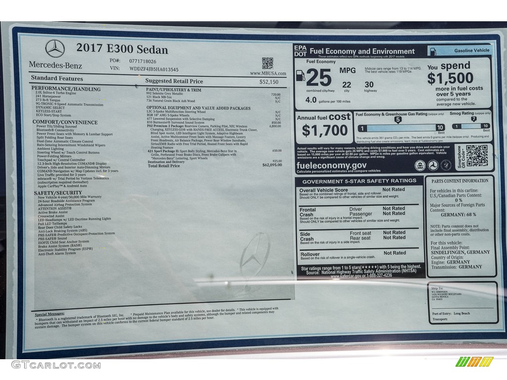 2017 Mercedes-Benz E 300 Sedan Window Sticker Photo #114703987