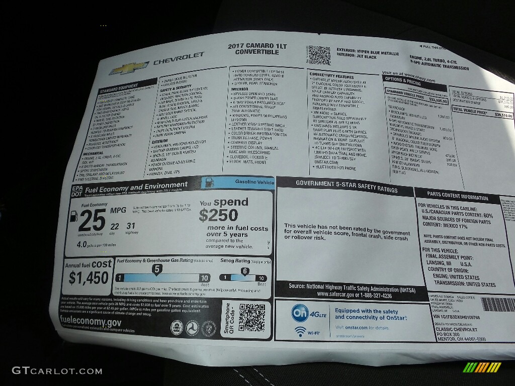 2017 Chevrolet Camaro LT Convertible Window Sticker Photo #114720450