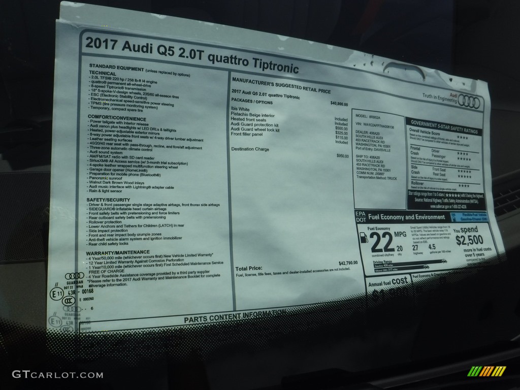 2017 Audi Q5 2.0 TFSI Premium quattro Window Sticker Photo #114744903