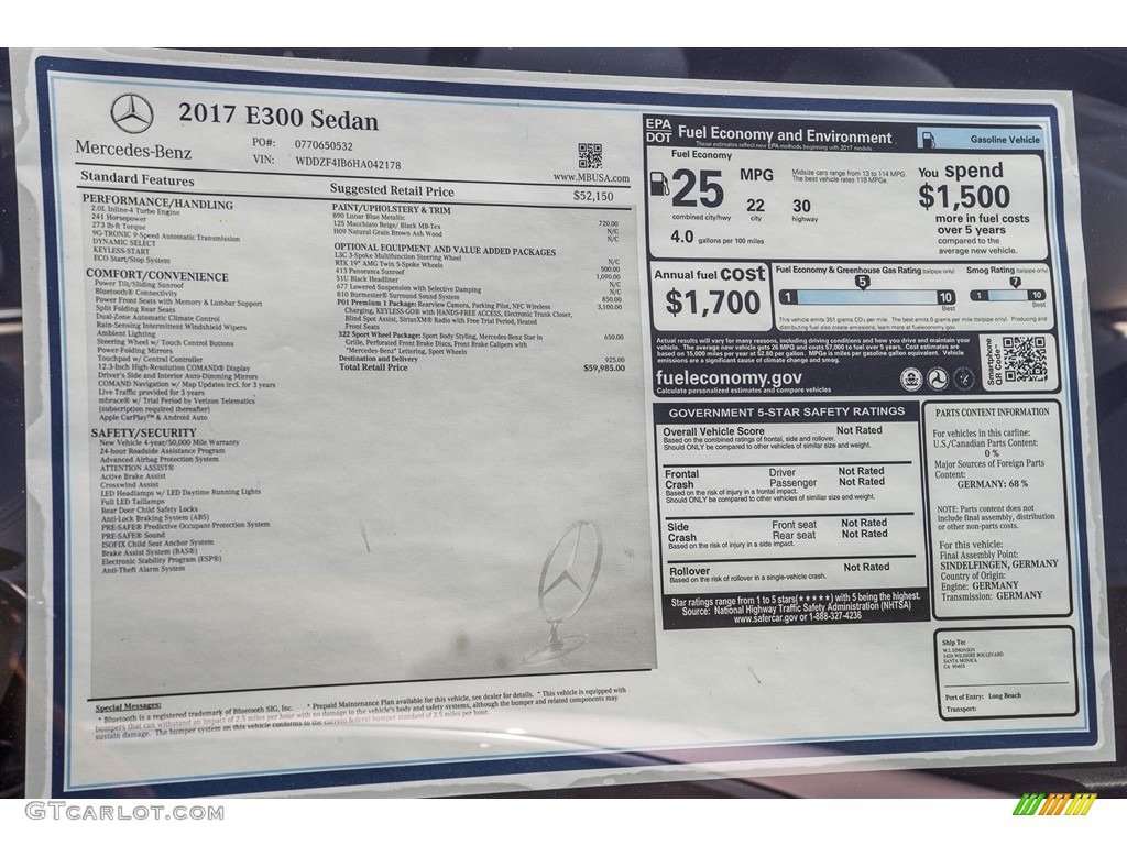 2017 Mercedes-Benz E 300 Sedan Window Sticker Photo #114792718