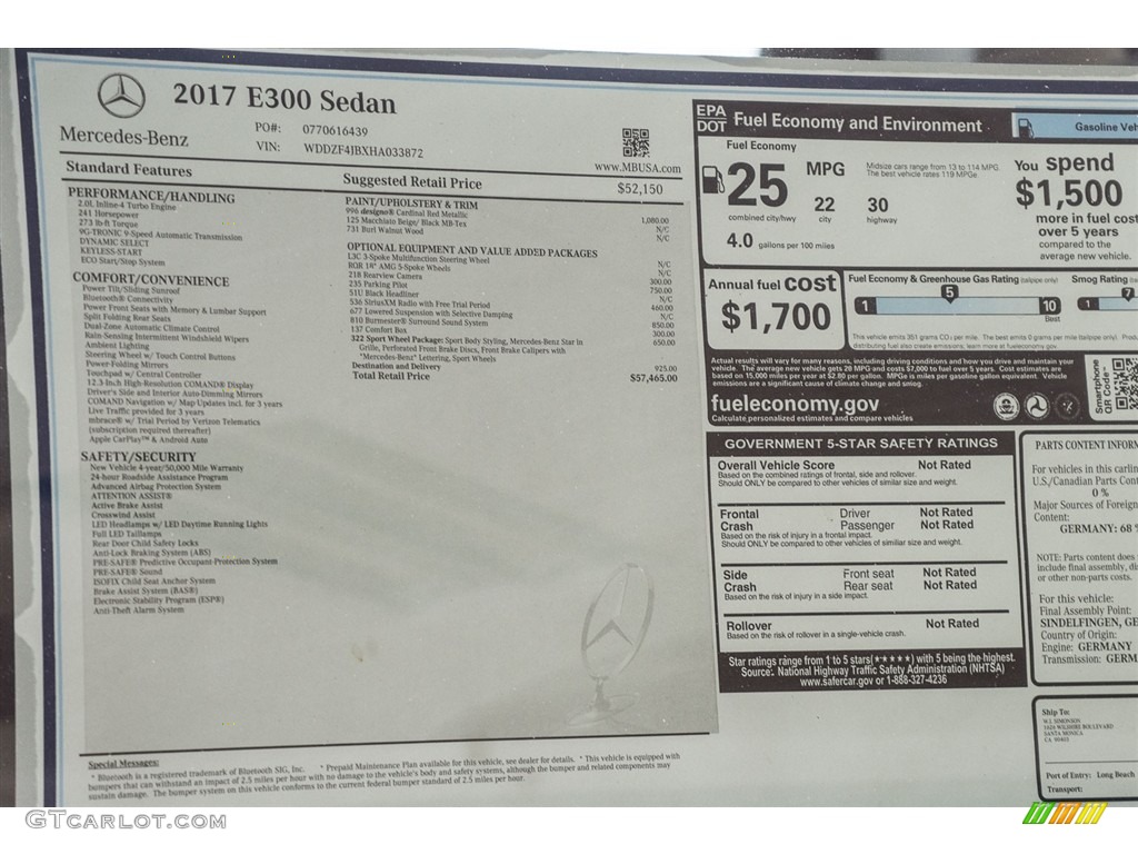 2017 Mercedes-Benz E 300 Sedan Window Sticker Photo #114793351