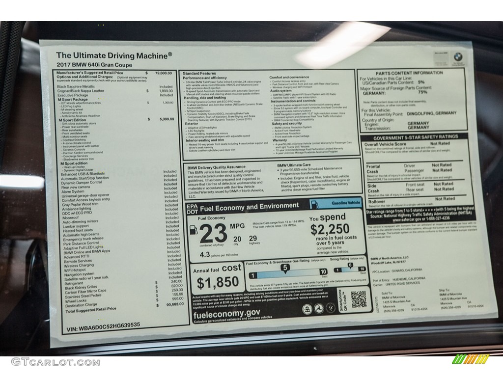 2017 BMW 6 Series 640i Gran Coupe Window Sticker Photo #114814783