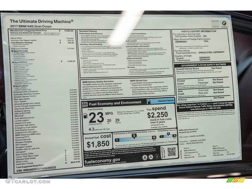 2017 6 Series 640i Gran Coupe - Alpine White / Vermilion Red photo #11