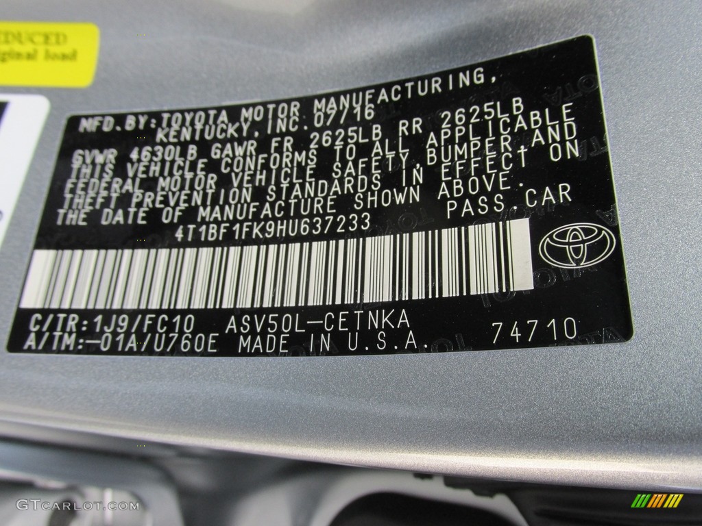 2017 Camry Color Code 1J9 for Celestial Silver Metallic Photo #114850548
