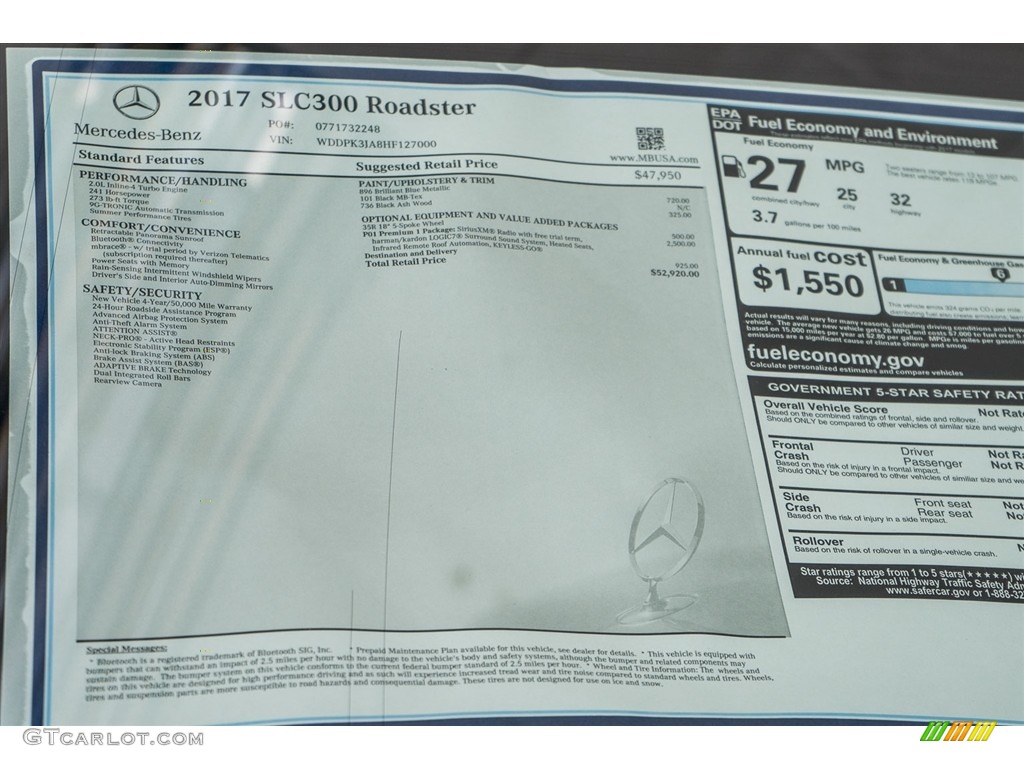 2017 Mercedes-Benz SLC 300 Roadster Window Sticker Photo #114891636