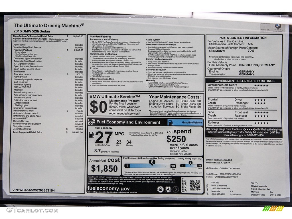 2016 BMW 5 Series 528i Sedan Window Sticker Photo #114897026