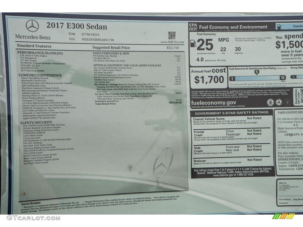 2017 Mercedes-Benz E 300 Sedan Window Sticker Photo #114943945