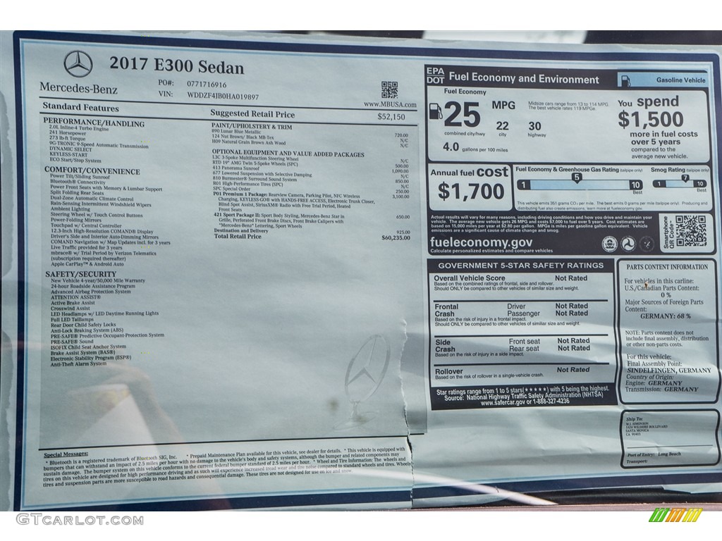2017 Mercedes-Benz E 300 Sedan Window Sticker Photo #114944427