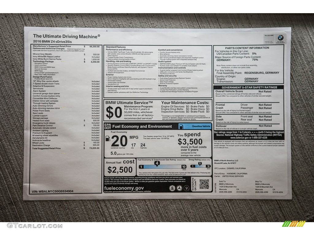 2016 BMW Z4 sDrive35is Window Sticker Photos
