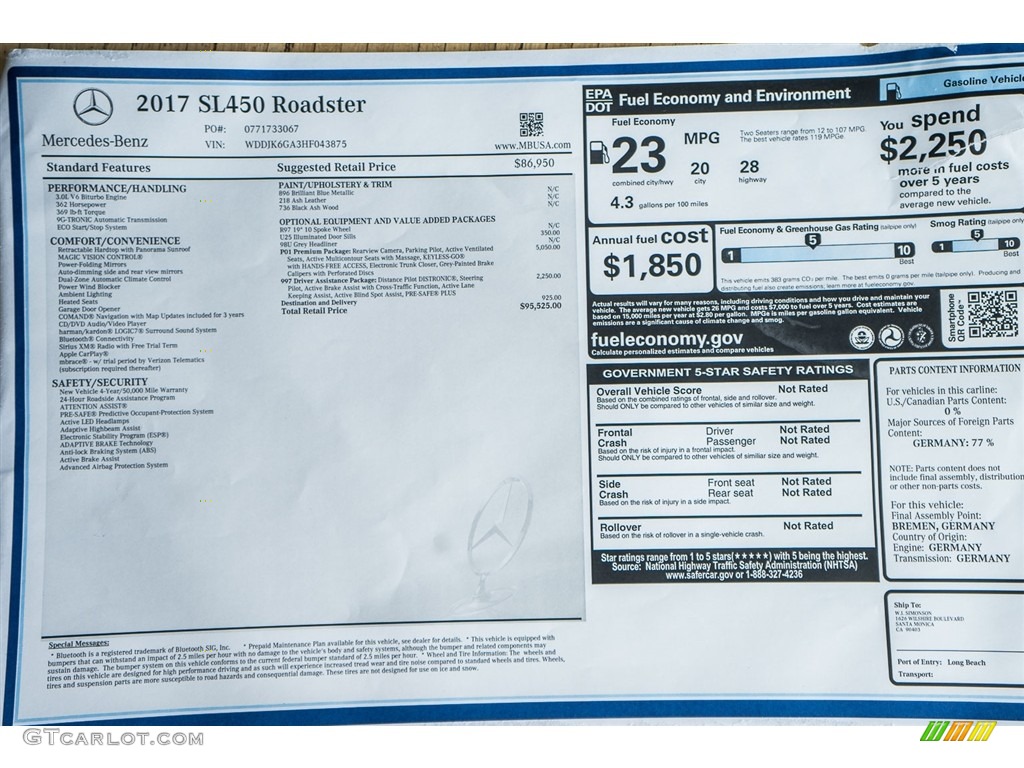 2017 Mercedes-Benz SL 450 Roadster Window Sticker Photo #114983031