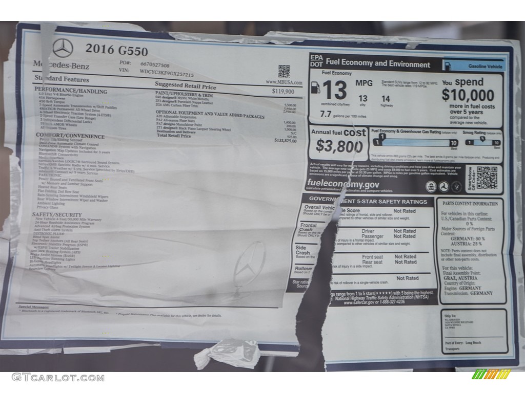 2016 Mercedes-Benz G 550 Window Sticker Photo #114983648