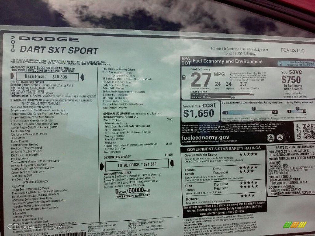 2016 Dodge Dart SXT Sport Window Sticker Photos