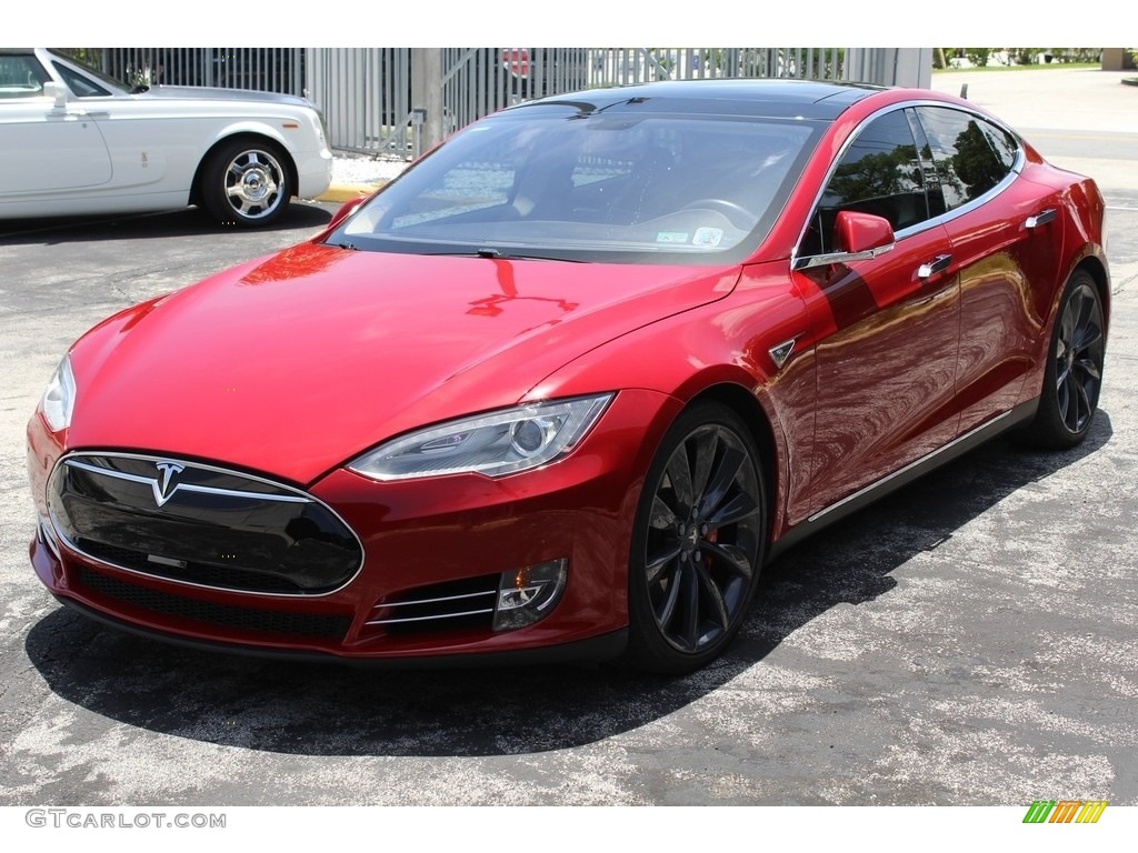 2014 Model S P85D Performance - Red Multi-Coat / Black photo #2